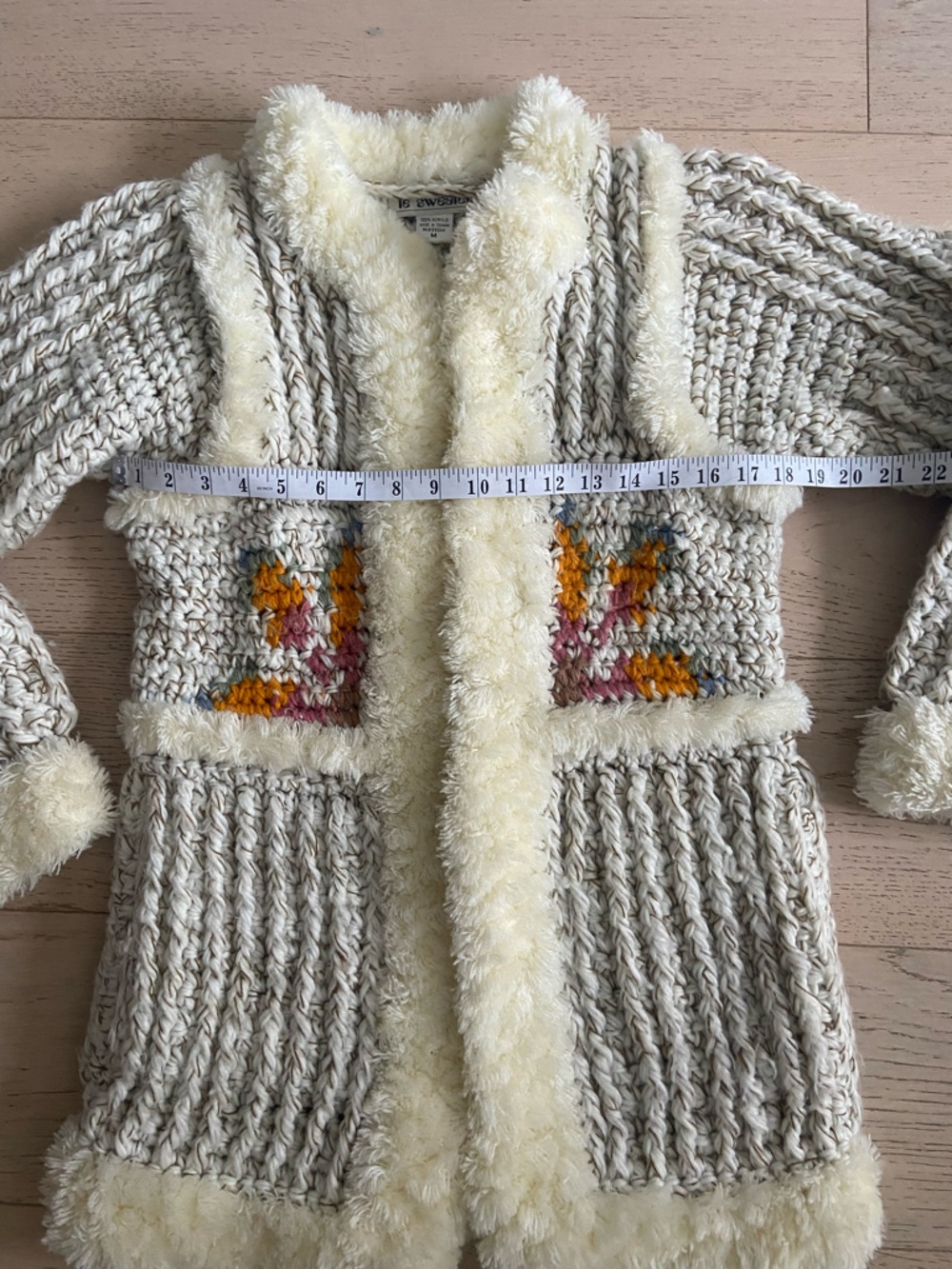 VINTAGE 80s Le Sweater Chunky Knit Cardigan Coat Cream Faux Fur Trim Floral EUC - Picture 8 of 9